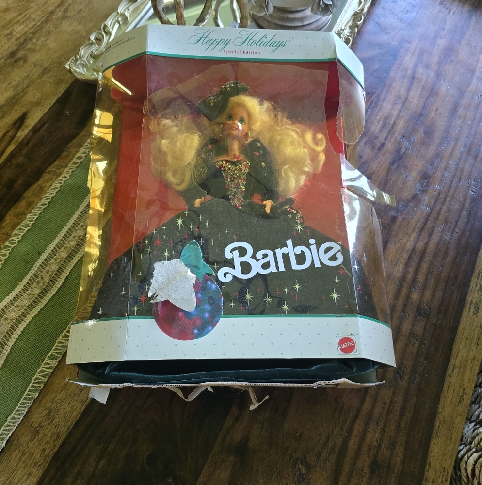 Barbie Holiday Doll with Emerald Green and Gold Dress Vintage